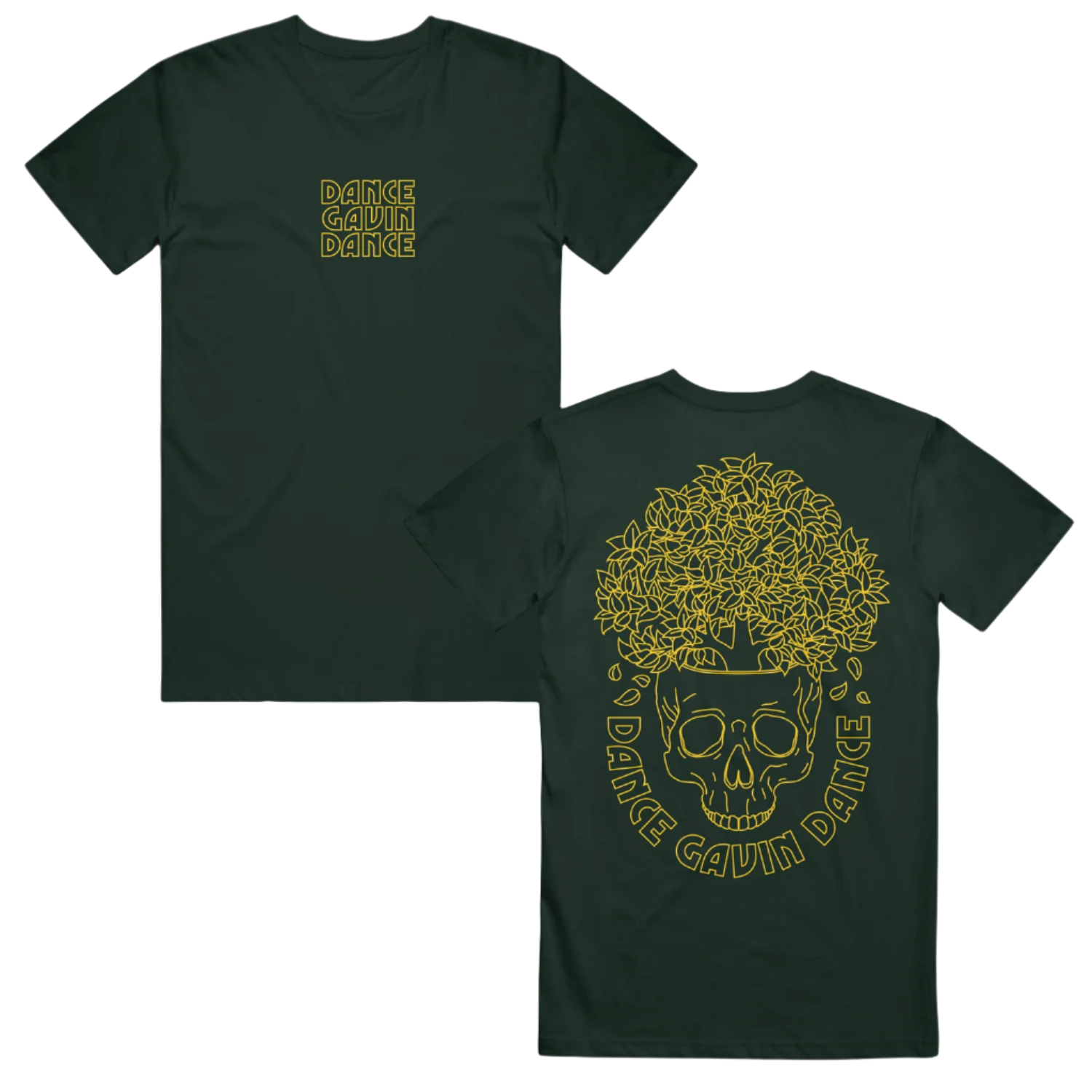 Green t-shirt with Dance Gavin Dance in yellow text and skull design. 