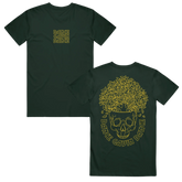 Green t-shirt with Dance Gavin Dance in yellow text and skull design. 