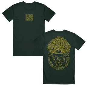 Green t-shirt with Dance Gavin Dance in yellow text and skull design. 