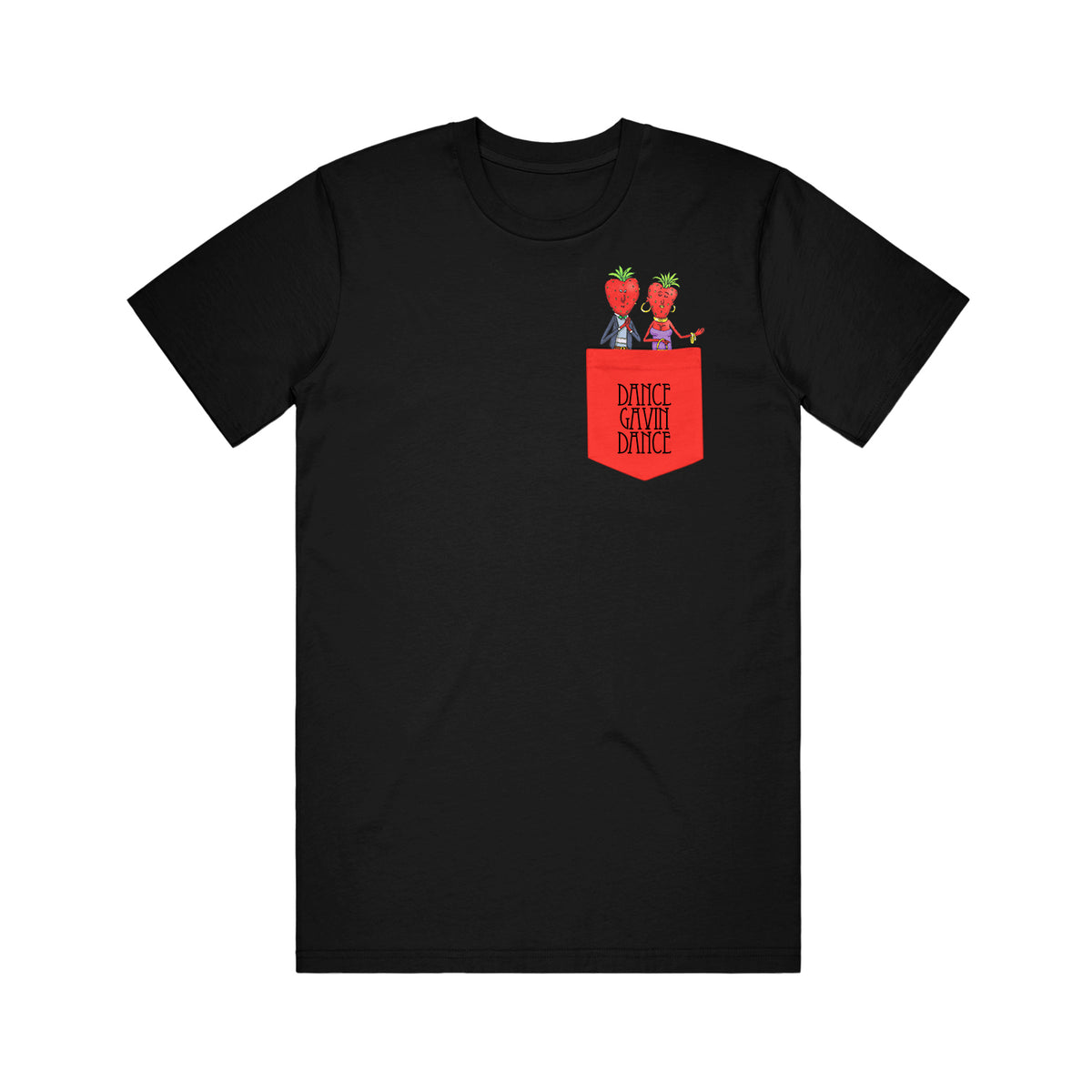 image of a black tee shirt on a white background. printed pocket on right with the strwberry couple characters coming out of it.