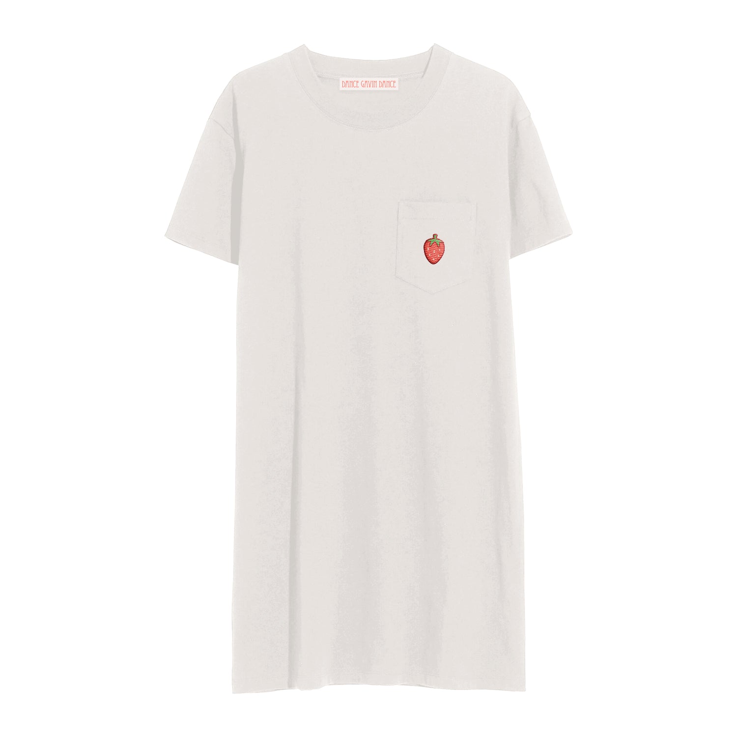 image of an ivory tee shirt dress. small emboridery of a strawberry on the right chest pocket
