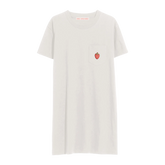 A white short-sleeved t-shirt dress with a front pocket featuring a red strawberry design.