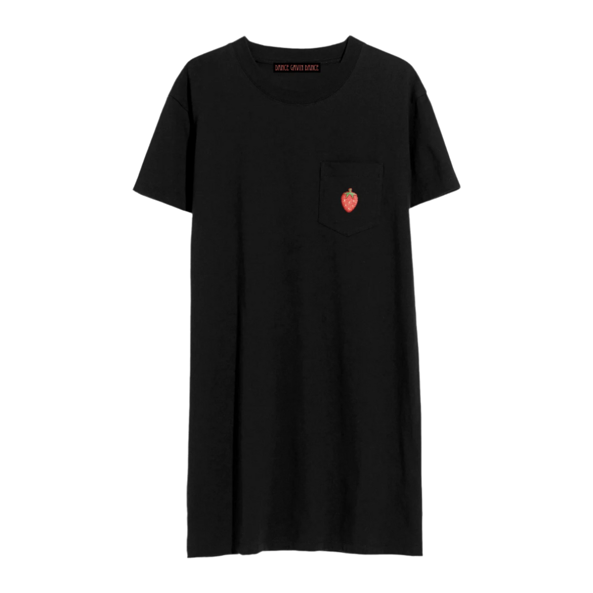 A black crew neck t-shirt dress with a small red strawberry graphic on the chest.