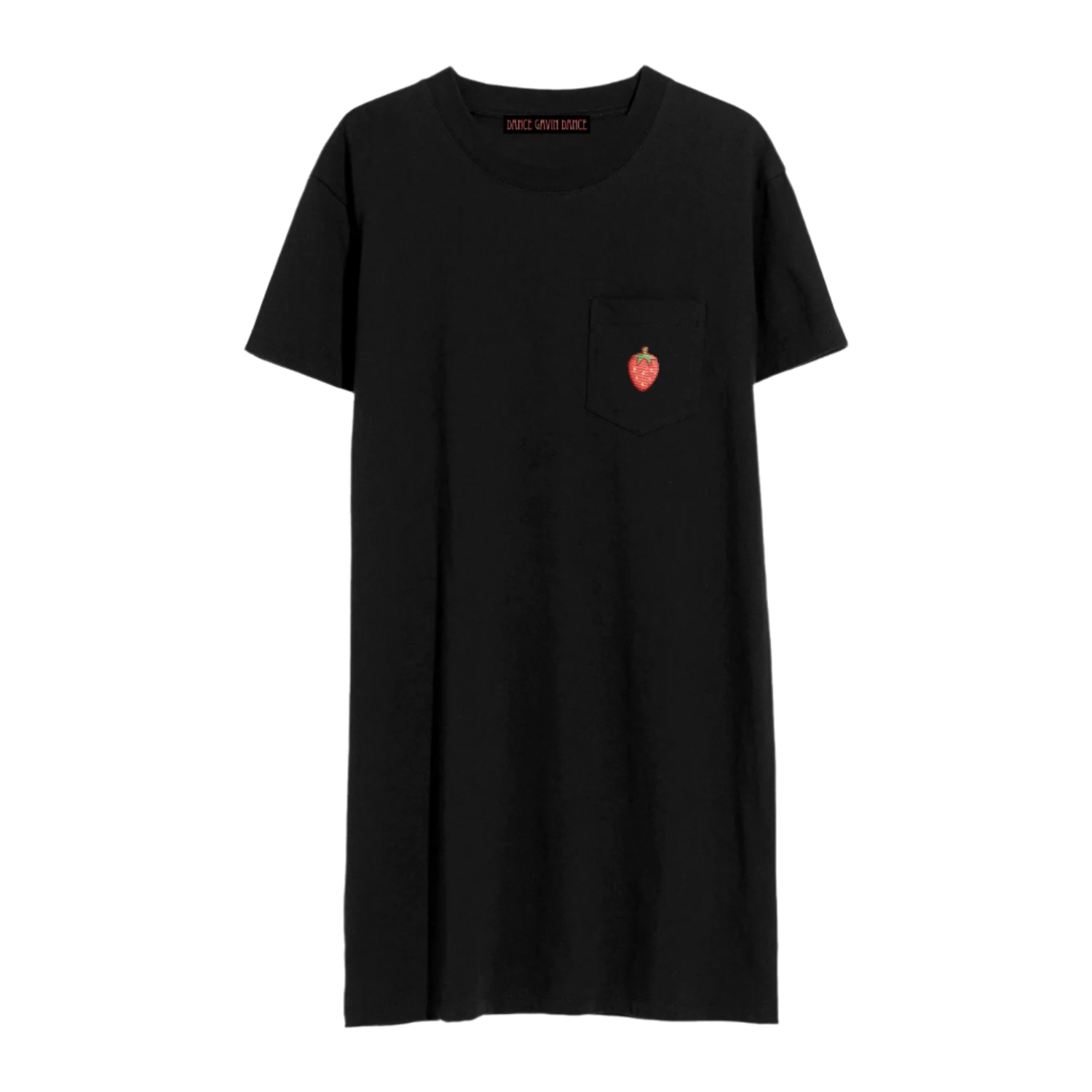 A black crew neck t-shirt dress with a small red strawberry graphic on the chest.