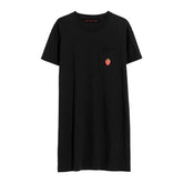 image of a black tee shirt dress. small emboridery of a strawberry on the right chest pocket