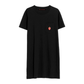 A black crew neck t-shirt dress with a small red strawberry graphic on the chest.