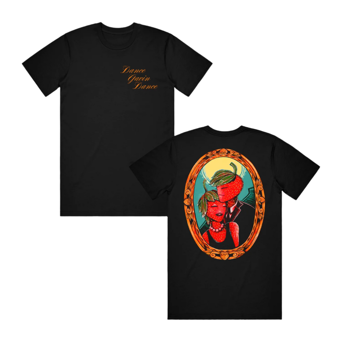 Front and back view of a black t-shirt with a graphic print of a character on the back, and Dance Gavin Dance text on the front.