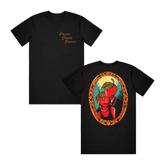 Front and back view of a black t-shirt with a graphic print of a character on the back, and Dance Gavin Dance text on the front.