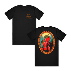 image of the front and back of a black tee shirt on a white background. front of tee is on the left and has a small right chest print in orange that says dance gavin dance. back is on the right and has an image of a strawberry couple in an oval picture frame.