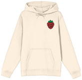 Beige hoodie with a strawberry graphic and text on a white background