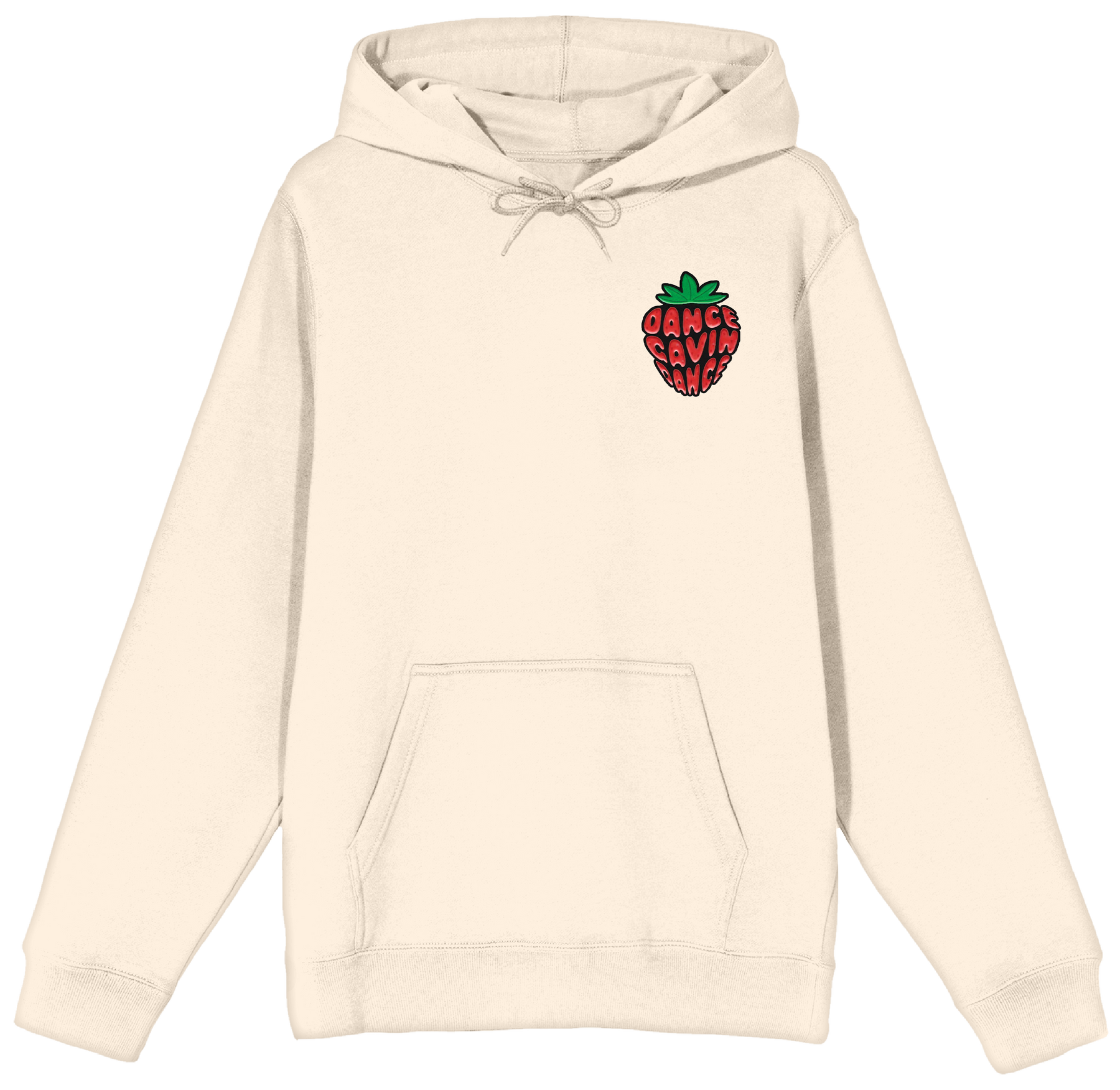 Beige hoodie with a strawberry graphic and text on a white background