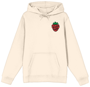 Beige hoodie with a strawberry graphic and text on a white background