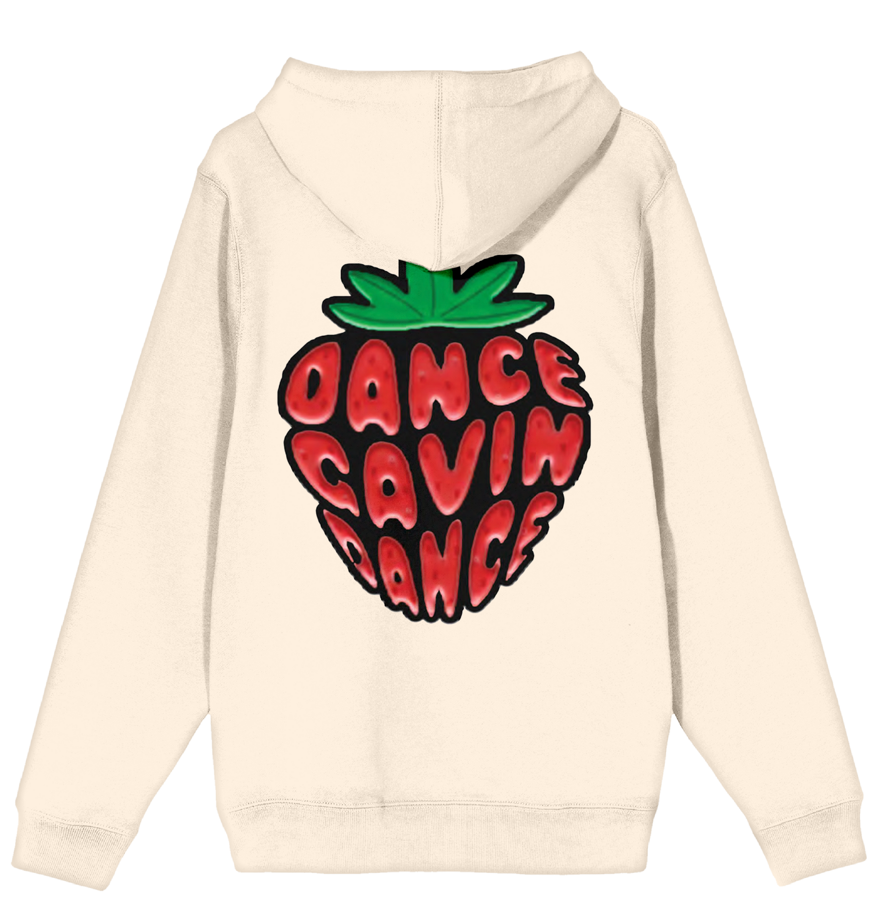 Beige hoodie with a strawberry graphic and 'Dance Gavin Dance' text on the back.