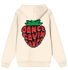 Beige hoodie with a strawberry graphic and 'Dance Gavin Dance' text on the back.