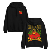 Black hoodie with 'Dance Gavin Dance' strawberry design on front and back