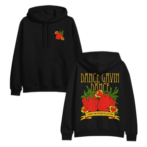 Black hoodie with 'Dance Gavin Dance' strawberry design on front and back