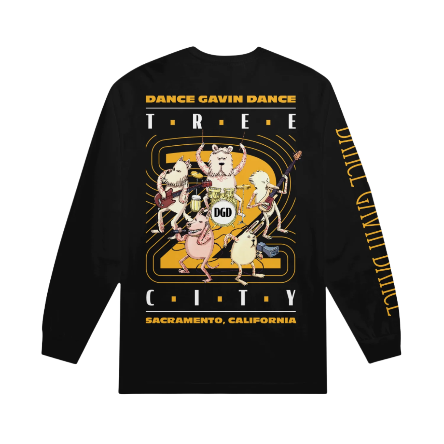 Black long-sleeve shirt with colorful graphic and text 
