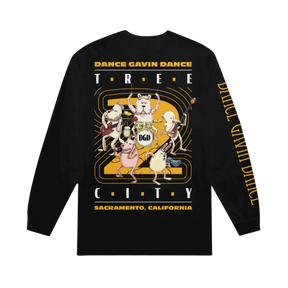 Black long-sleeve shirt with colorful graphic and text 