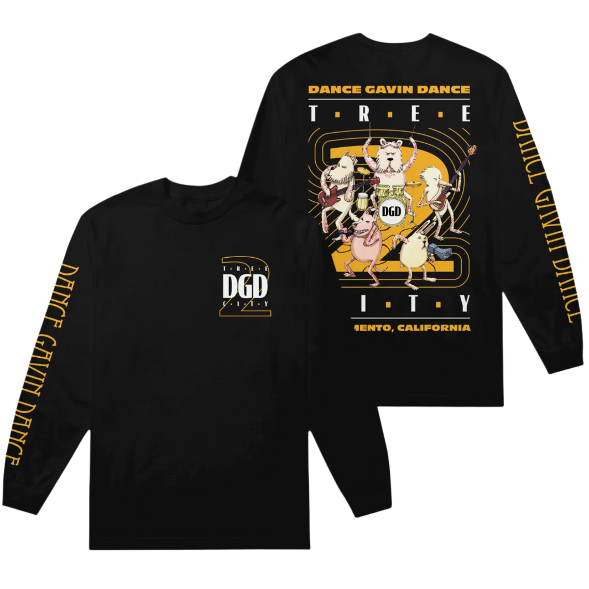 A black long sleeve T-shirt with a graphic print on the front and back showcasing a cartoon style tree and text related to Dance Gavin Dance, 