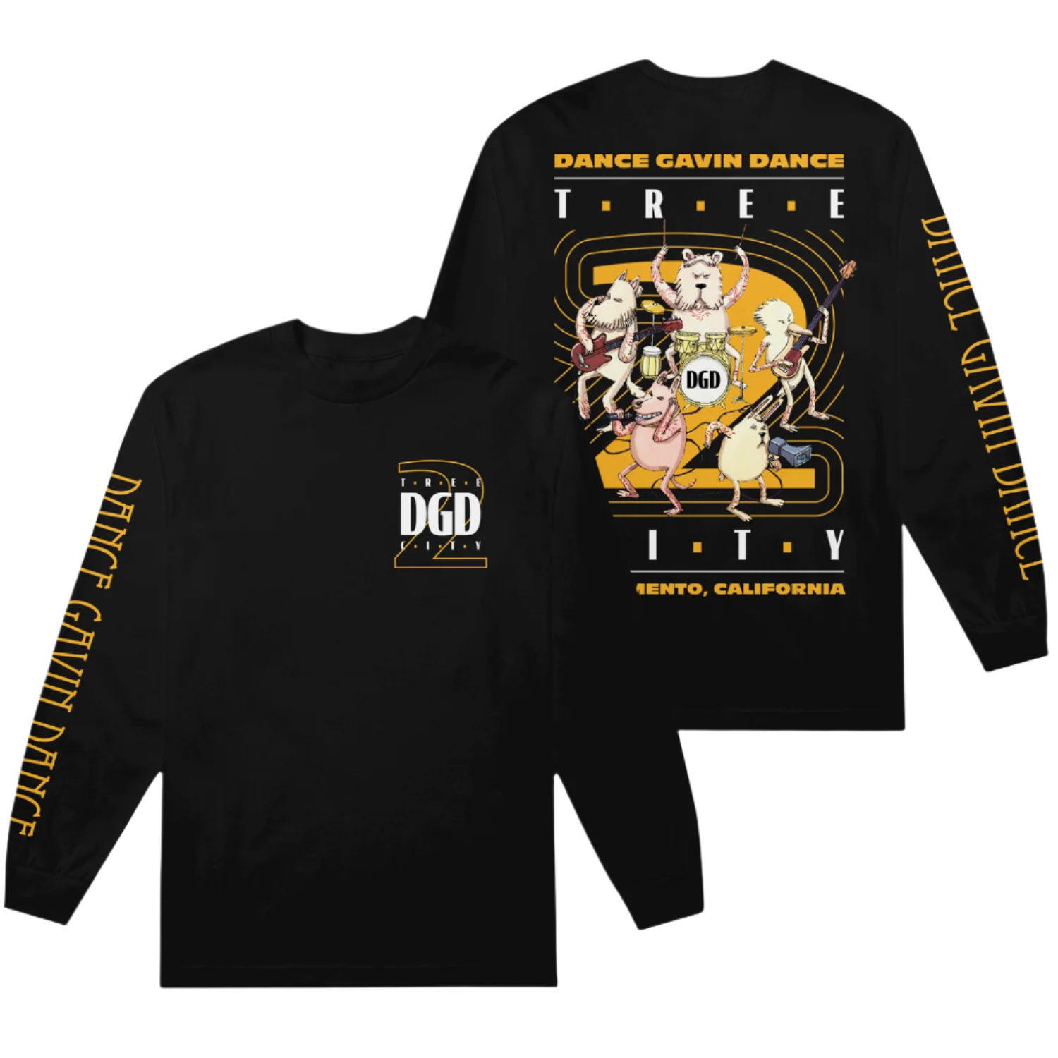A black long sleeve T-shirt with a graphic print on the front and back showcasing a cartoon style tree and text related to Dance Gavin Dance, 