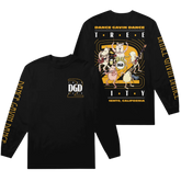 A black long sleeve T-shirt with a graphic print on the front and back showcasing a cartoon style tree and text related to Dance Gavin Dance, 