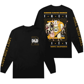 A black long sleeve T-shirt with a graphic print on the front and back showcasing a cartoon style tree and text related to Dance Gavin Dance, 