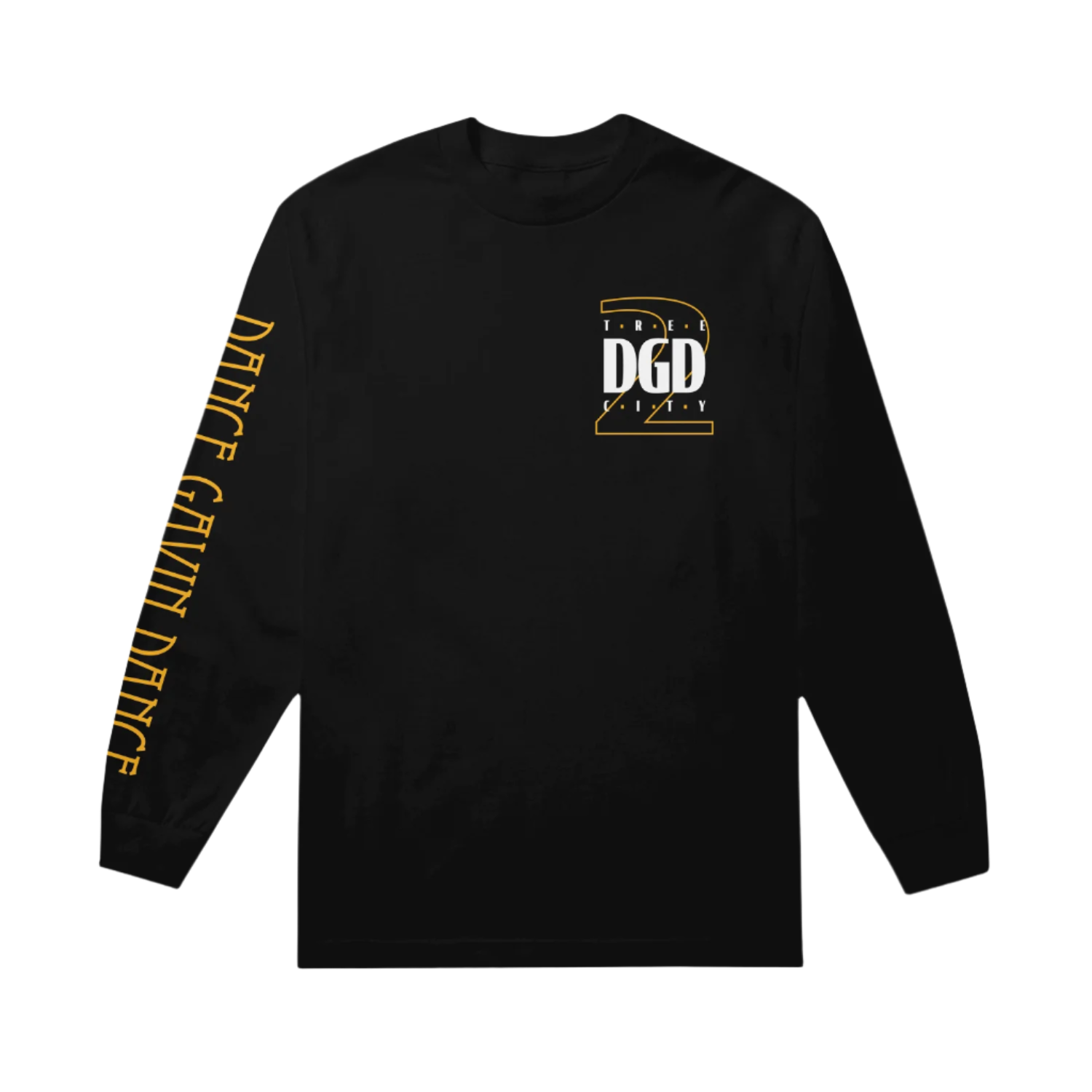 Black long-sleeve shirt with yellow and white text 
