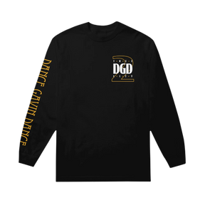 Black long-sleeve shirt with yellow and white text 