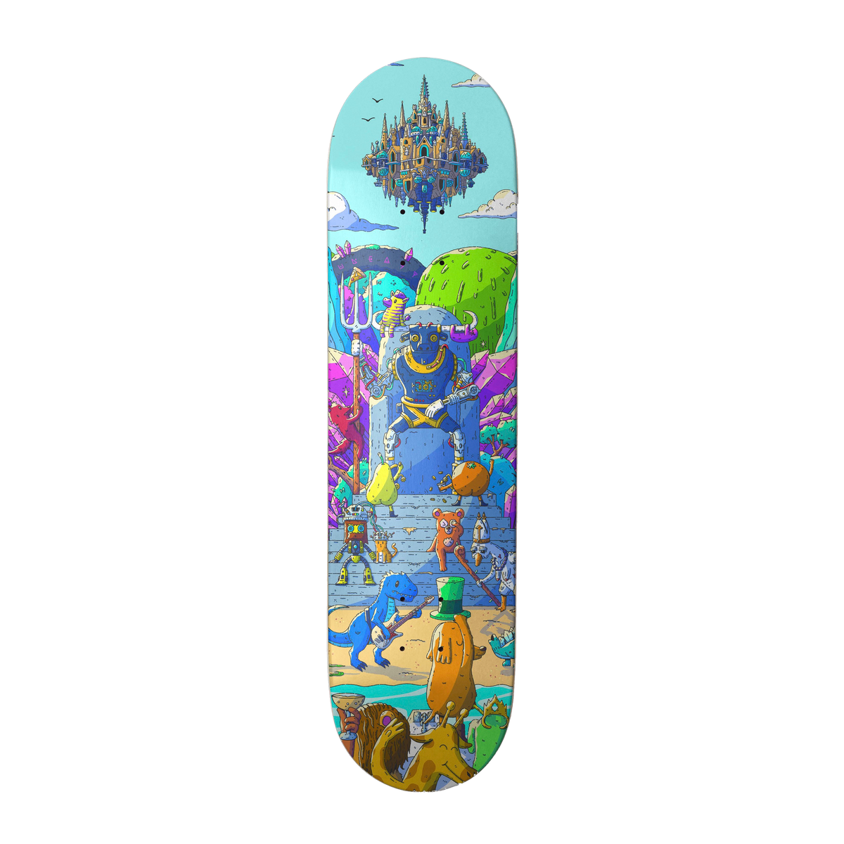 Skateboard deck with colorful fantasy design featuring characters and a castle.