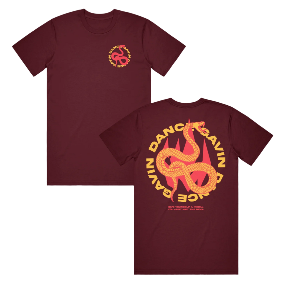 Two burgundy t-shirts with a 'Dance Gavin Dance' text and viper graphic printed on the front and back.