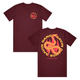 Two burgundy t-shirts with a 'Dance Gavin Dance' text and viper graphic printed on the front and back.