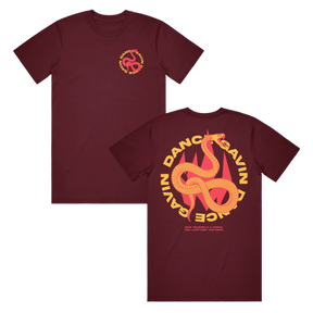 Two burgundy t-shirts with a 'Dance Gavin Dance' text and viper graphic printed on the front and back.