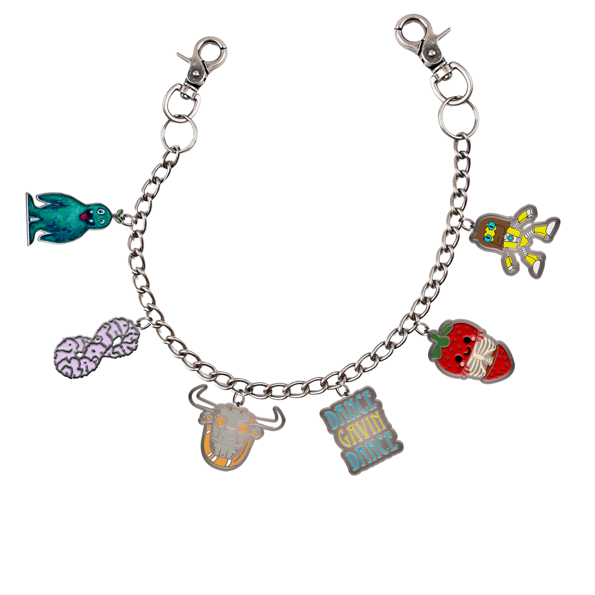 Bracelet with various colorful charms on a white background
