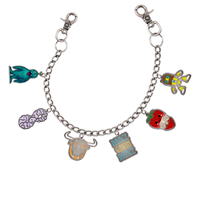 Bracelet with various colorful charms on a white background
