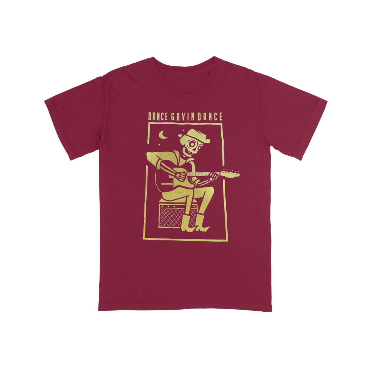 Maroon t-shirt with yellow graphic and text on a white background