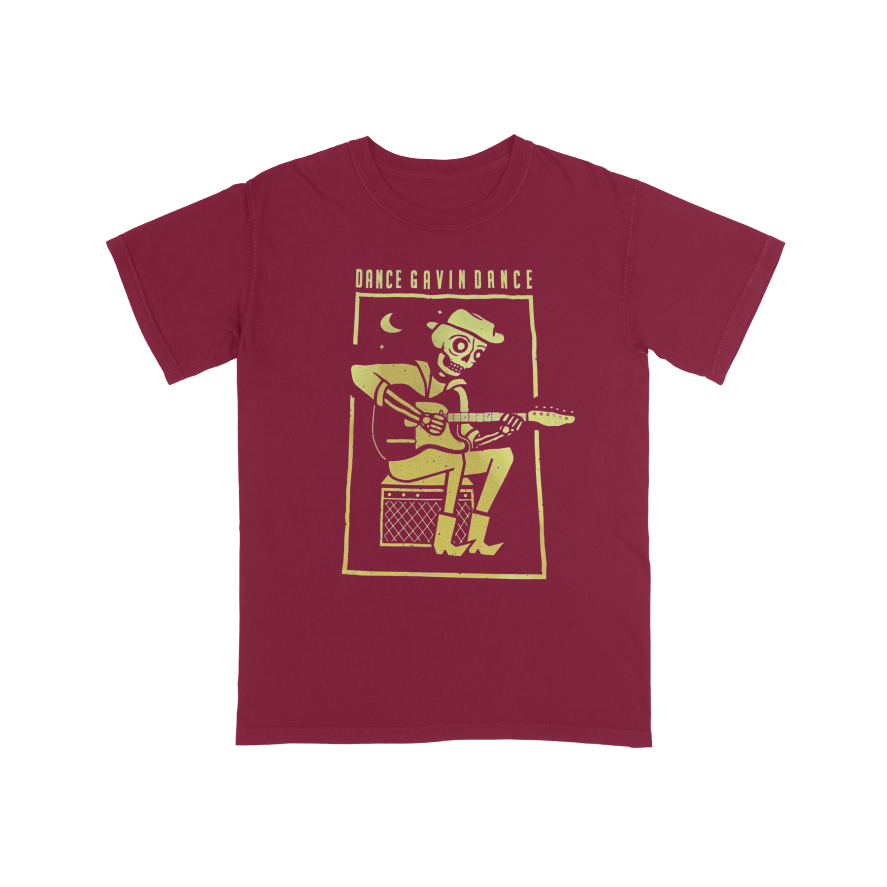 Maroon t-shirt with yellow graphic and text on a white background