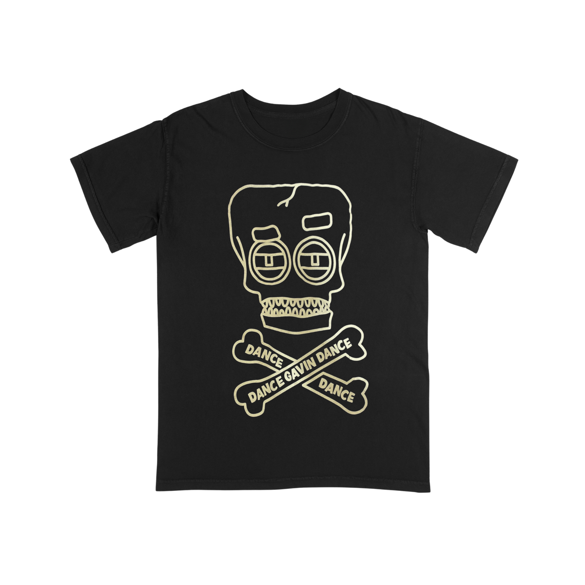 Black t-shirt with a white Skull and crossbones graphic design with Dance Gavin Dance text etched inside the bones on a white background