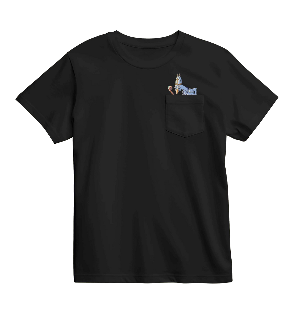 Black t-shirt with a small graphic on the chest pocket against a white background