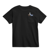 Black t-shirt with a small graphic on the chest pocket against a white background