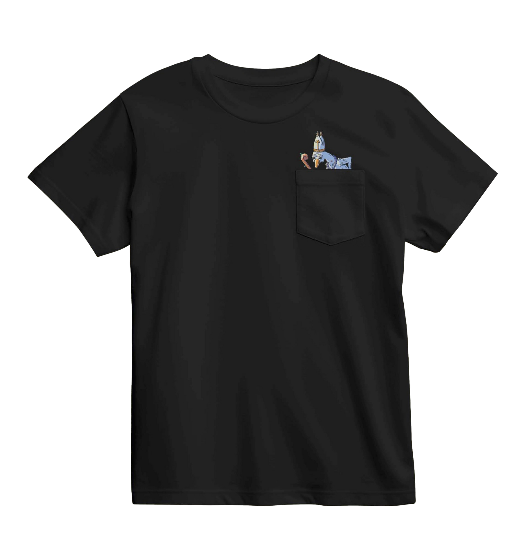 Black t-shirt with a small graphic on the chest pocket against a white background