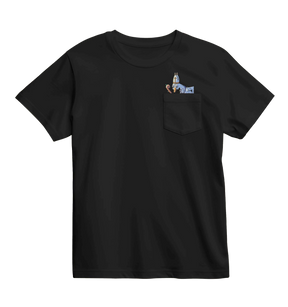 Black t-shirt with a small graphic on the chest pocket against a white background