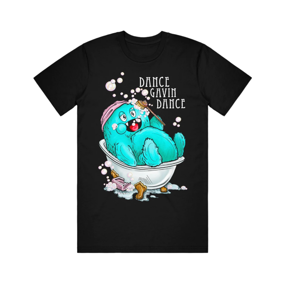 Black t-shirt with a cartoon character in a bathtub and 'Dance Gavin Dance' text