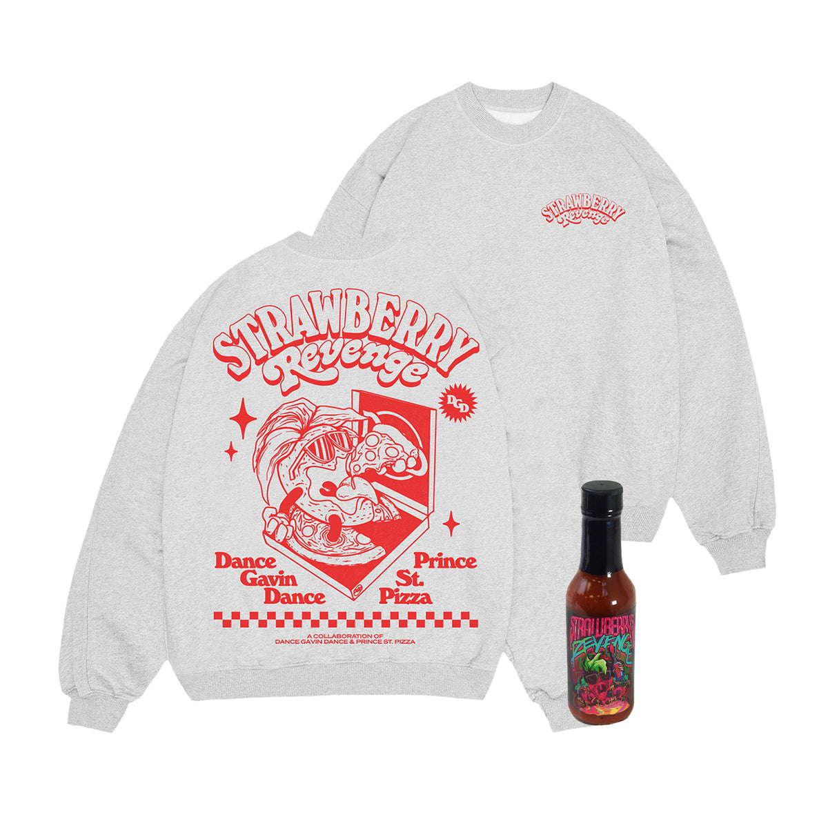 Strawberry Revenge - Grey Heather Crewneck + Hot Sauce