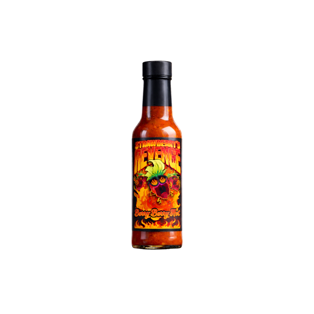 Hot sauce bottle with colorful label on a white background