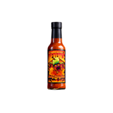 Hot sauce bottle with colorful label on a white background