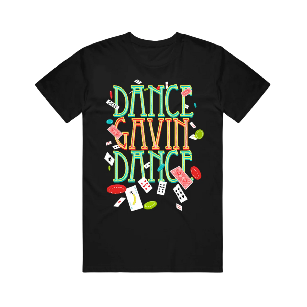 Black T-shirt with the text 'DANCE GAVIN DANCE' and various playful icons related to poker printed on the front.