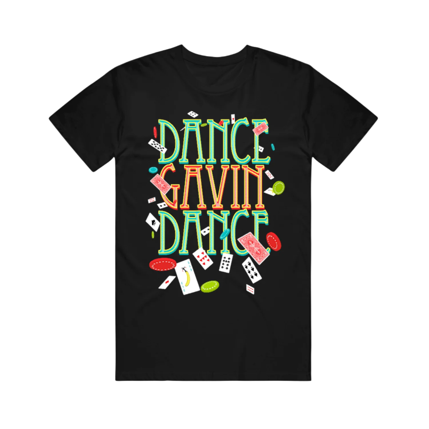 Black T-shirt with the text 'DANCE GAVIN DANCE' and various playful icons related to poker printed on the front.