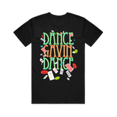Black T-shirt with the text 'DANCE GAVIN DANCE' and various playful icons related to poker printed on the front.