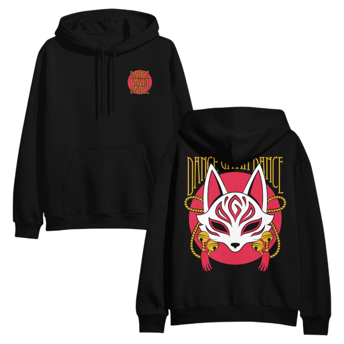 Black hoodie with fox mask Dance Gavin Dance design on front and back on a white background. 