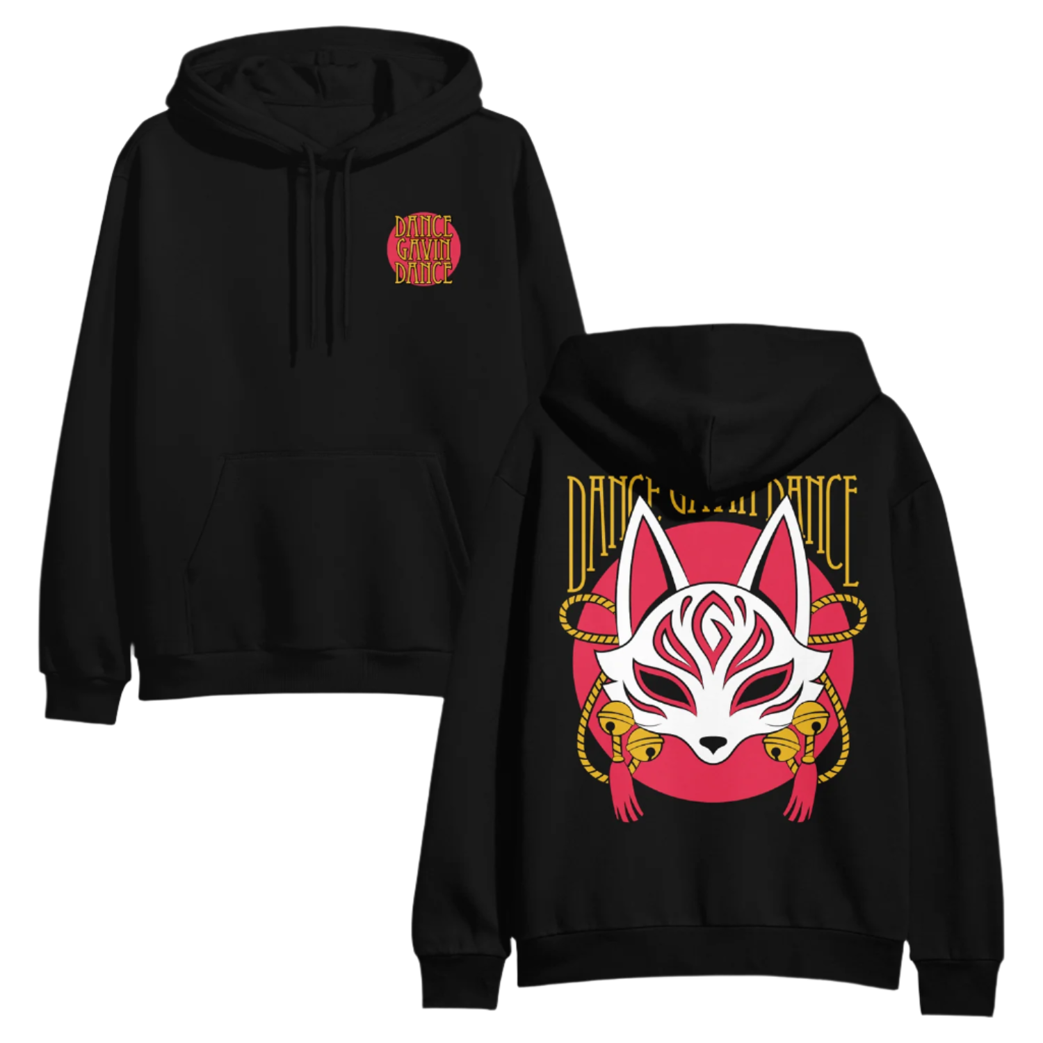 Black hoodie with fox mask Dance Gavin Dance design on front and back on a white background. 